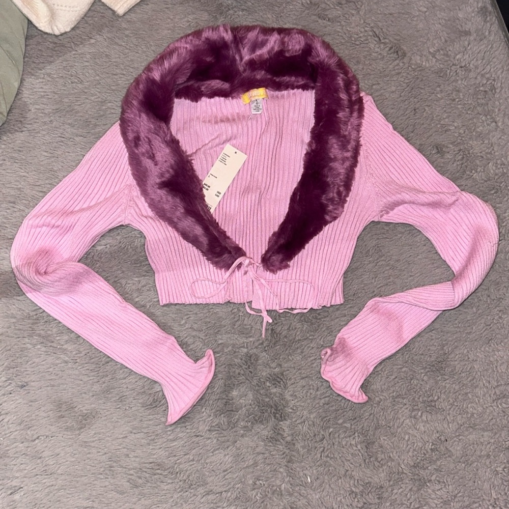 Urban Outfitters Pink Faux Fur Neckline Cardigan